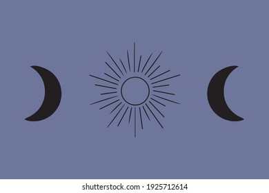 Horizontal bohemian celestial poster with sun and two moons yoga witchcraft meditation creative image