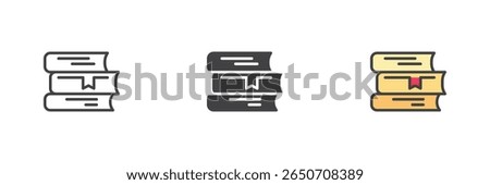 Horizontal book stack icon set with multiple layers. Includes line, solid glyph and filled outline colorful styles. Study and knowledge vector icon symbol.