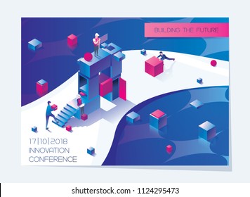 Horizontal booklet or flyer card with isometric letter A and people building it. Concept bright illustration in blue and pink drawn with vivid gradients