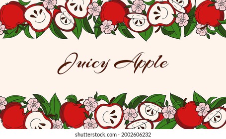 Horizontale Grenze mit Äpfeln, Blättern, Apfelblüte, Kopienraum. Vektorgrafik.