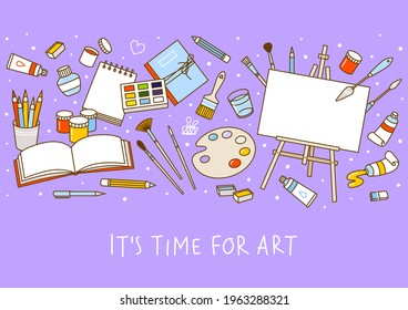 Horizontal border with art supplies on purple background - easel, paints, watercolor, palette, sketchbooks, brushes, drawing pencils - cartoon objects for happy art design