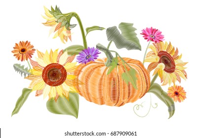 Horizontal border with autumn symbols: yellow sunflower, orange pumpkin, gerbera daisy flower. Embroidery (imitation satin stitches style) on white background, digital draw for design, vector