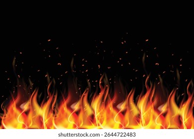 frontière Horizontale de flammes de feu flamboyantes avec des étincelles brûlantes sur fond noir.