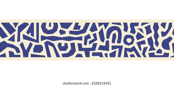 Horizontal border with blue organic shapes isolated on a beige background. Trendy abstract seamless background. Vector illustration