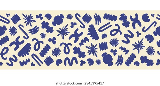 Horizontal border with blue organic shapes isolated on a beige background. Trendy abstract seamless background. Vector illustration