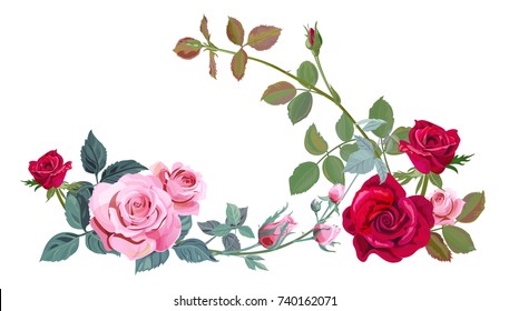 Horizontal Border With Branch Curly Pink, Red Rose, Bouquet With Flowers, Buds, Green Stems, Leaves On White Background, Digital Draw Illustration, Concept For Design, Vintage Set, Vector