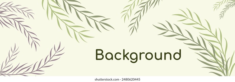 Horizontal Border with branches green and purple herbs. Vector banner with green tropical leaves. Design frame for decoration of medical articles and websites, print, postcards, covers, posters.