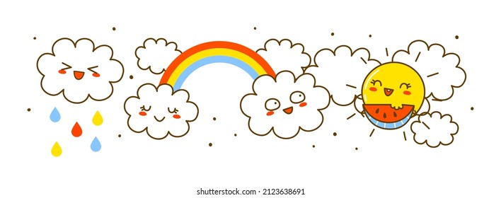 Borde horizontal con dibujos animados Sol y nubes para el divertido diseño de verano