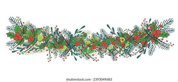 Horizontale Grenze mit Weihnachtsbaum, Zweigen und heiligen Beeren. Weihnachtsdekoration, dekorative botanische Illustration auf weißem Hintergrund. Vektorgrafik.