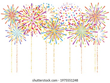 Horizontal border with color fireworks isolated on white background for anniversary holiday design