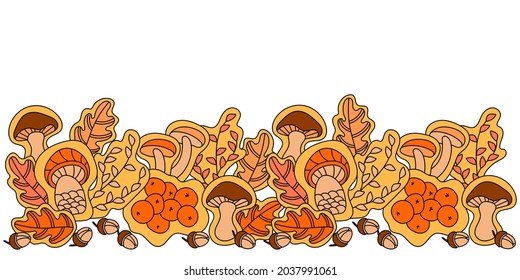 Borde horizontal coloreado con bellotas, hojas de roble de otoño y champiñones. Estilo de doodle dibujado a mano por vectores. Para tarjetas de felicitación, almohadas, bolsas y más.