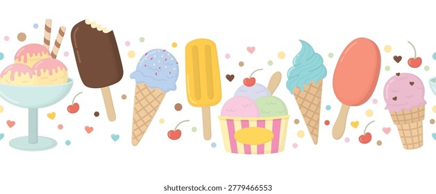 Horizontal border with colorful assorted ice cream desserts. Decorative horizontal pattern with confectionery cones, popsicles, chocolate bars, sundae bowls and striped cups
