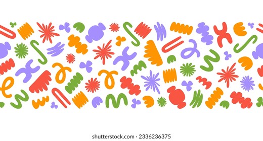 Horizontal border with colorful organic shapes isolated on white background. Trendy abstract seamless background. Vector illustration