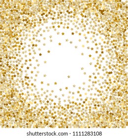 Horizontal border from confetti stars. Abstract vector illustration. Dynamic colored celebration background with randomly scattered celestial elements for holiday decorations, postcards, invitations
