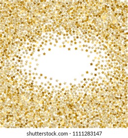 Horizontal border from confetti stars. Abstract vector illustration. Dynamic colored celebration background with randomly scattered celestial elements for holiday decorations, postcards, invitations