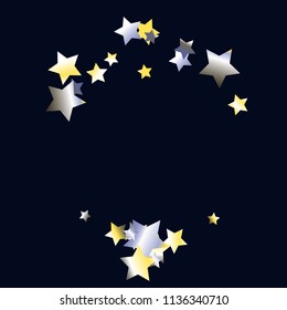 Horizontal border from Confetti Stars. Isolated yellow blue white grey  gradient stellar elements.Festive iridescent holographic shine effect vector background for decorations, flyers, posters.