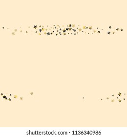 Horizontal border from confetti stars. Isolated gradient stellar elements. Platinum chrome metal shine. Iridescent festive  celebration vector template for decorations, packaging, posters.