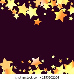 Horizontal border from confetti stars. Isolated yellow orange red gradient stellar . Festive iridescent holographic shine effect vector template for decorations, packaging, flyers, posters.