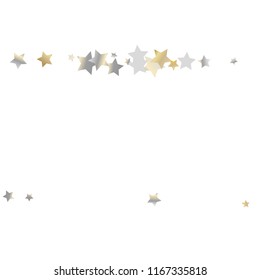 Horizontal border from confetti stars. Isolated gradient stellar elements. Yellow pearl nacre gloss. Holiday celebration luminous glossy vector template for celebration decorations