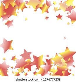 Horizontal border from confetti stars. Isolated yellow orange red gradient stellar . Festive iridescent holographic shine effect vector template for decorations, packaging, flyers, posters.