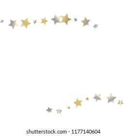 Horizontal border from confetti stars. Isolated gradient stellar elements. Yellow pearl nacre gloss. Festive iridescent holographic shine effect vector template for celebration decorations