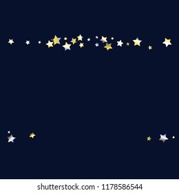 Horizontal border from confetti stars.  Isolated yellow blue white grey gradient stellar elements. Holiday celebration luminous vector background.