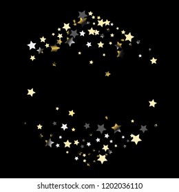 Horizontal, border from confetti stars.  Isolated gradient stellar elements. Platinum chrome metal glitter. Holiday celebration luminous vector background.