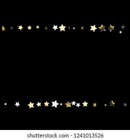 Horizontal, border from confetti stars.  Isolated gradient celestial elements. Platinum chrome metal glitter. Holiday celebration luminous vector background.
