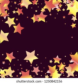 Horizontal border from confetti stars. Isolated yellow orange red gradient stellar . Iridescent glitter festive  celebration vector  template for decorations, packaging, flyers, posters.