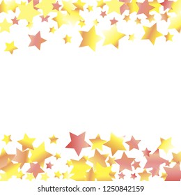 Horizontal border from confetti stars. Isolated yellow orange red gradient celestial elements. Iridescent glitter festive  celebration vector  template for decorations, packaging, flyers, posters.