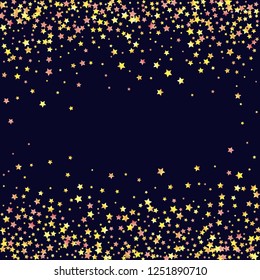 Horizontal border from confetti stars. Isolated yellow orange red gradient stellar elements. Iridescent glitter festive  celebration vector  template for decorations, packaging, flyers, posters.