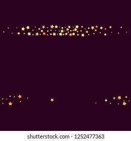 Horizontal border from confetti stars. Isolated yellow orange red gradient celestial elements. Holiday celebration luminous glossy vector template for decorations, packaging, flyers, posters.