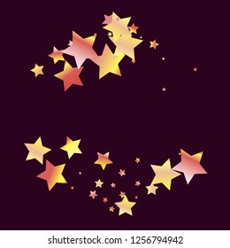 Horizontal border from confetti stars. Isolated yellow orange red gradient stellar elements. Holiday celebration luminous glossy vector template for decorations, packaging, flyers, posters.