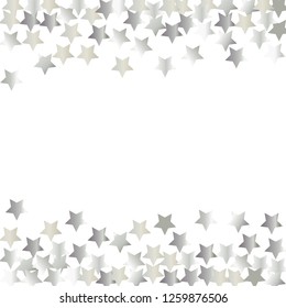 Horizontal border from confetti stars.  Isolated gradient stellar elements. Platinum metal glitter. Festive iridescent holographic effect vector background for celebration decorations, flyers.
