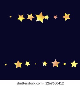 Horizontal border from confetti stars. Isolated yellow orange red gradient stellar . Festive iridescent holographic shine effect vector template for decorations, packaging, flyers, posters.