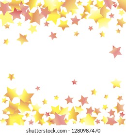 Horizontal border from confetti stars. Isolated yellow orange red gradient stellar elements. Holiday celebration luminous glossy vector template for decorations, packaging, flyers, posters.