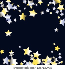 Horizontal border from confetti stars.  Isolated yellow blue white grey gradient stellar elements. Holiday celebration luminous vector background.