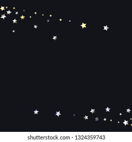 Horizontal border from confetti stars.  Isolated yellow blue white grey gradient stellar elements. Iridescent festive  celebration vector  background.