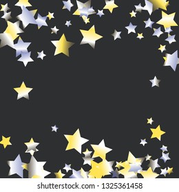 Horizontal border from confetti stars.  Isolated yellow blue white grey gradient stellar elements. Holiday celebration luminous vector background.