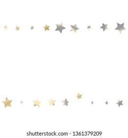 Horizontal border from confetti stars. Isolated gradient celestial elements. Yellow pearl nacre glitter. Festive iridescent holographic shine effect vector template for celebration decorations