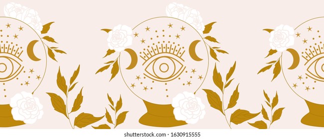 horizontal border with crystal globe, eye and white flowers, perfect to use on the web or in print