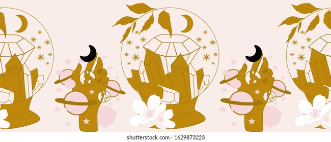 horizontal border with crystal globe with gems and flowers, perfect to use on the web or in print