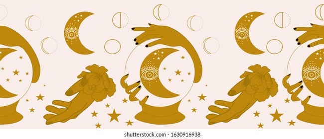 horizontal border with crystal globe, hands and moon, perfect to use on the web or in print