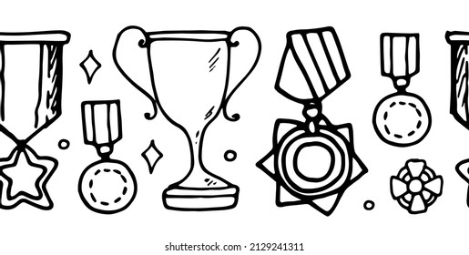 frontera horizontal de tazas y medallas. Borde de franja vectorial impecable hecho de medallas para el primer lugar y pedidos con cintas rojas de varias formas, para la victoria, contorno negro sobre blanco para el equipo de diseño