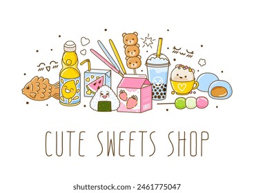 Horizontal border with cute asian food elements - cartoon illustration of traditional japanese sweets and drinks isolated on white background for Your kawaii design