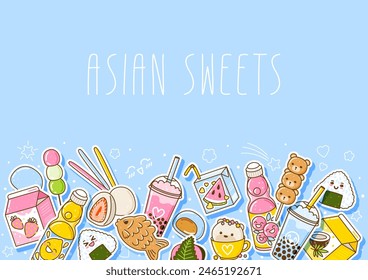 Horizontal border with cute asian food stickers - cartoon illustration of traditional japanese sweets and drinks on light blue background for Your kawaii design
