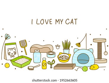 Borde horizontal con objetos de gato lindos aislados en blanco - objetos de dibujos animados para el diseño de mascotas felices