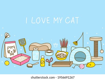 Horizontal border with of cute cat items  on blue background - cartoon objects for happy pet design