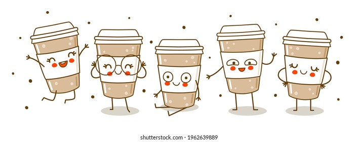 Horizontal border with cute coffee cups isolated on white - cartoon characters for funny design