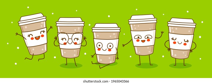Horizontal border with cute coffee cups on green background - cartoon characters for funny design